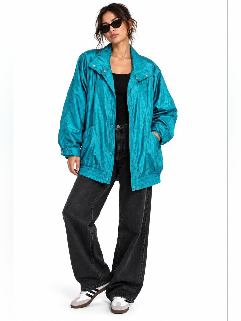 Vintage 80s 90s Teal Crinkle Windbreaker Jacket Oversized Medium
